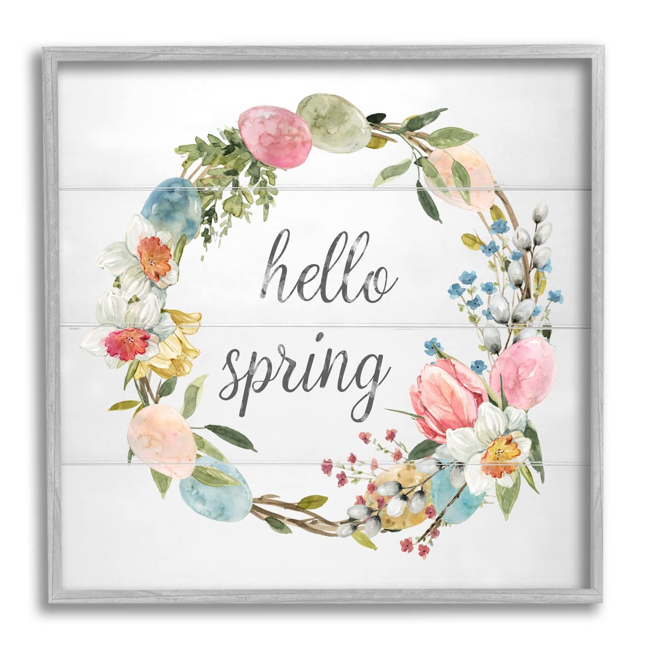 Stupell Industries Hello Spring Floral Egg Wreath Framed Giclee Art